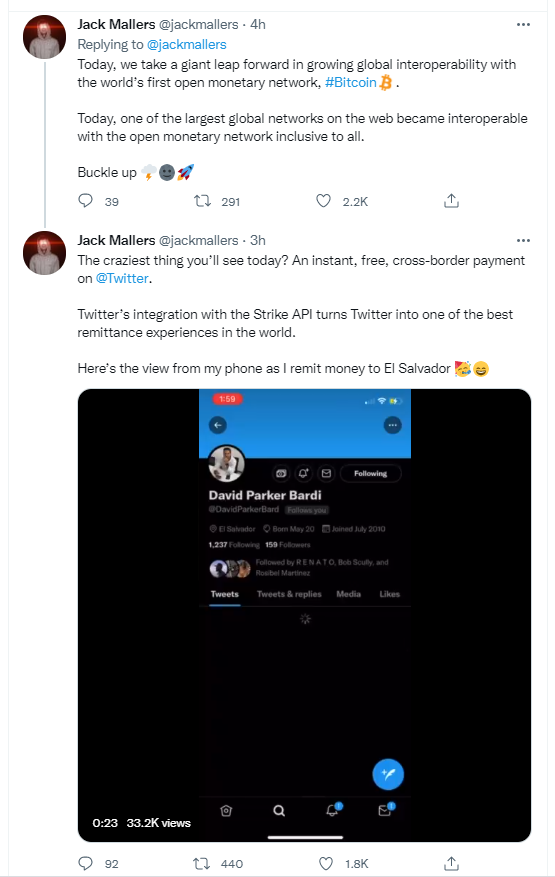 Dorsey confirms launch of Bitcoin tipping on Twitter2-9.23.21