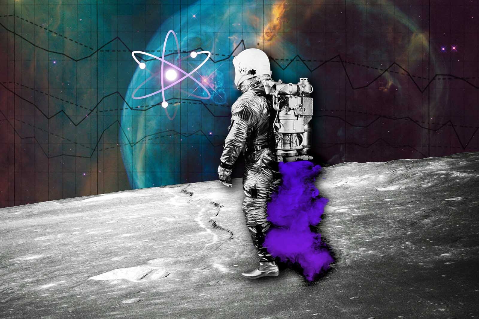 An astronaut on the moon looking out into space with an atom in the background