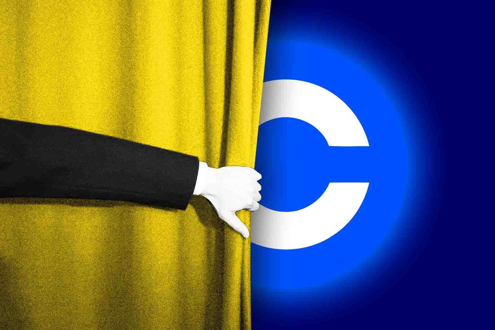 Human hand opening up yellow curtain revealing glowing Coinbase logo.