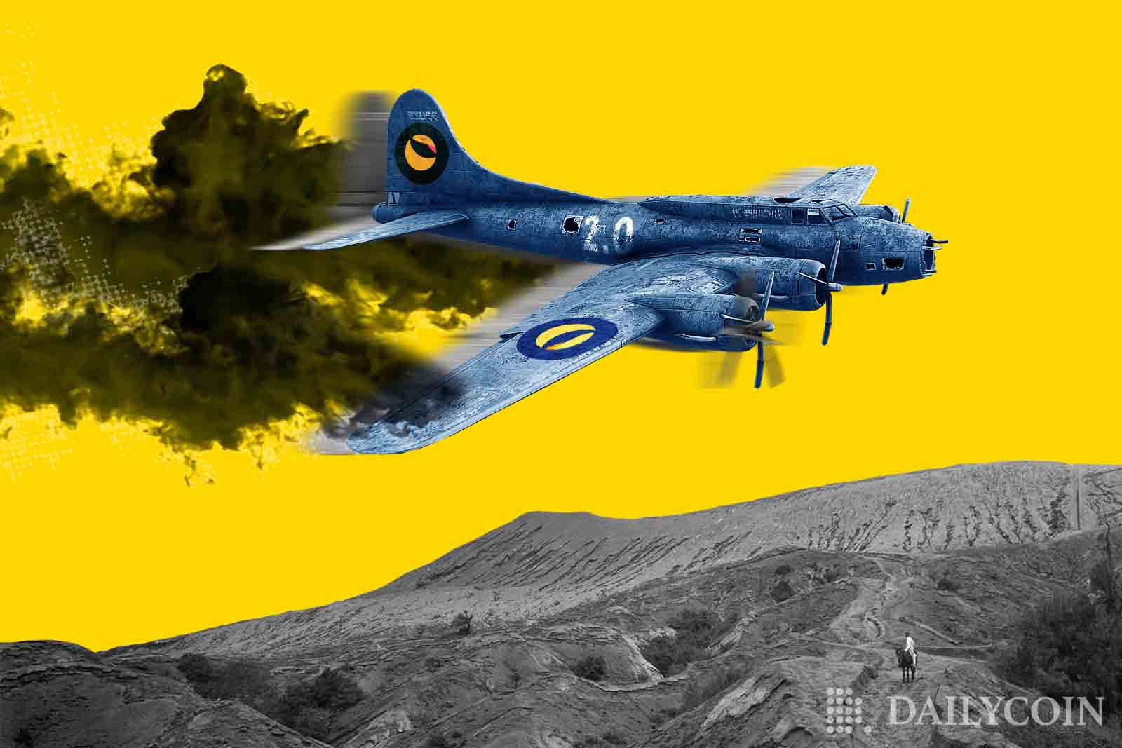 An airplane with the Terra logos crashes into a dull landscape