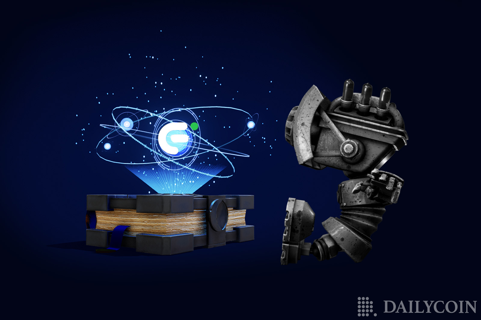 A metal robot staring at a book with galactic Cronos display.