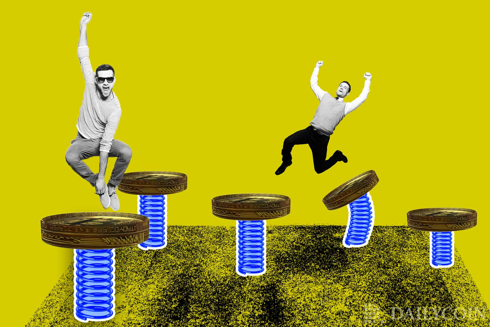 People jumping on Bitcoin on springboards.