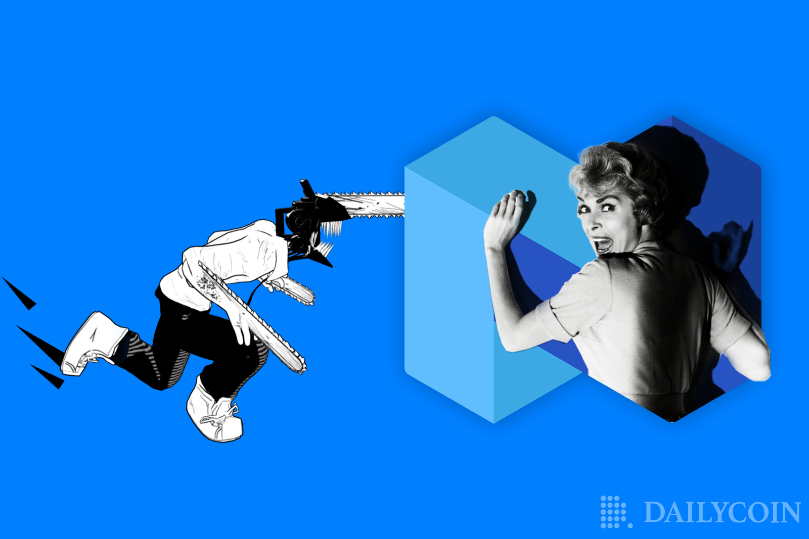 A cartoon person attacking woman inside of Nexo logo.