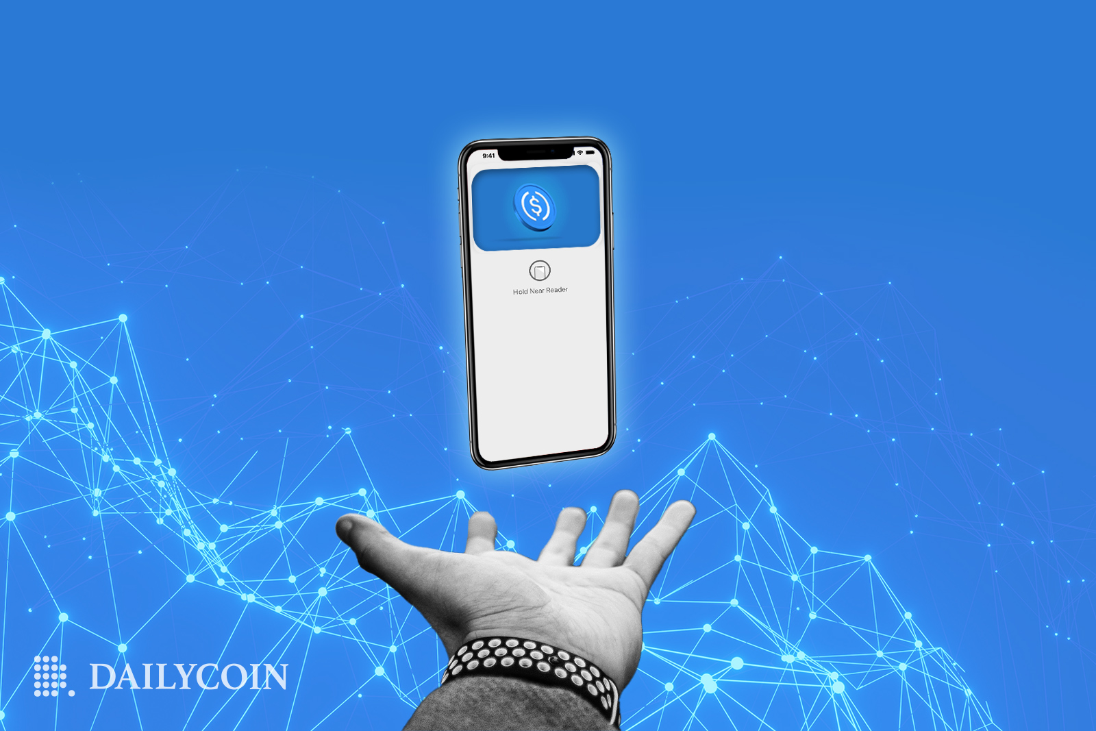 A human hand is holding an Apple phone on the blue digital background