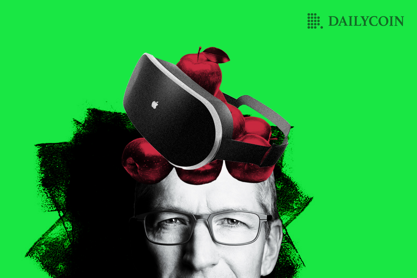 A person with glasses VR headset and apples on head