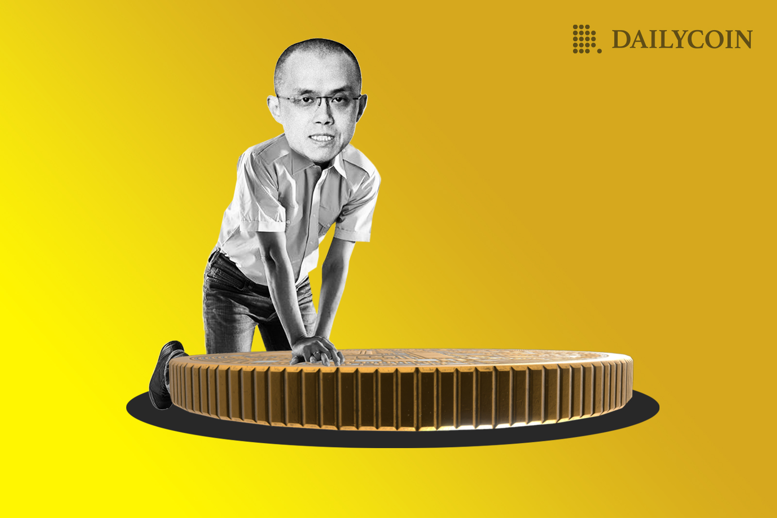 Changpeng Zhao sitting near a giant crypto coin