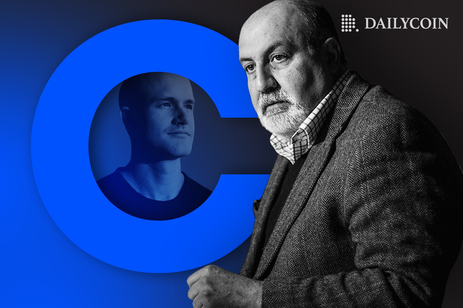 Black Swan Author Nassim Taleb next to a portrait of a Brian Amstrong inside a Coinbase logo