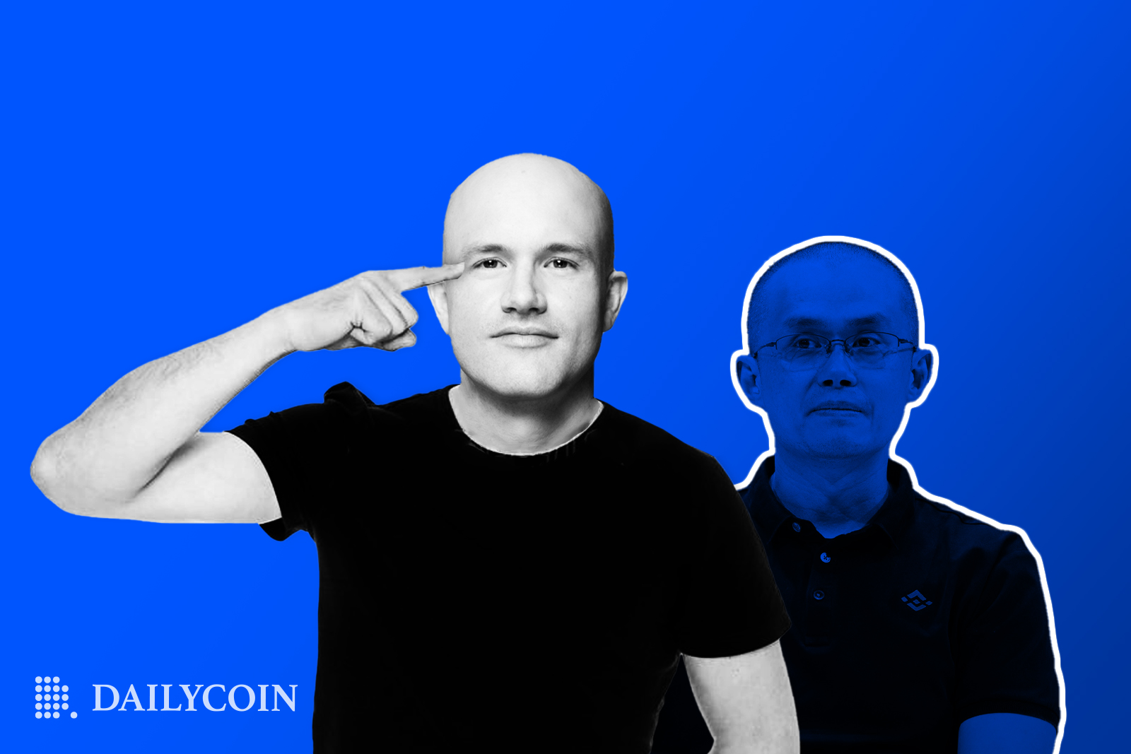 Brian Armstrong in front of Changpeng Zhao pointing on blue background
