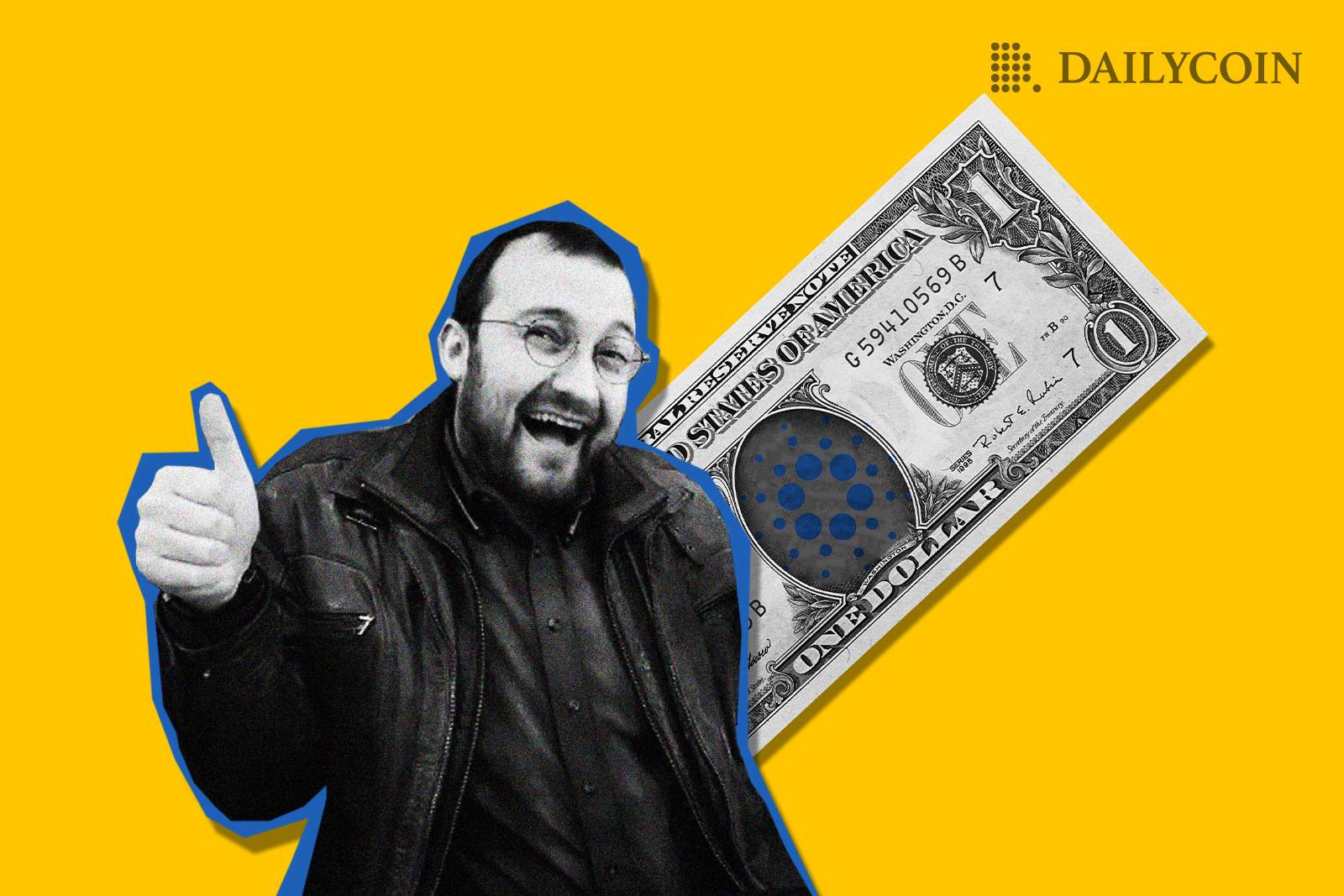 Charles Hoskinson in a blck jacket showing thumbs up in front of a dollar