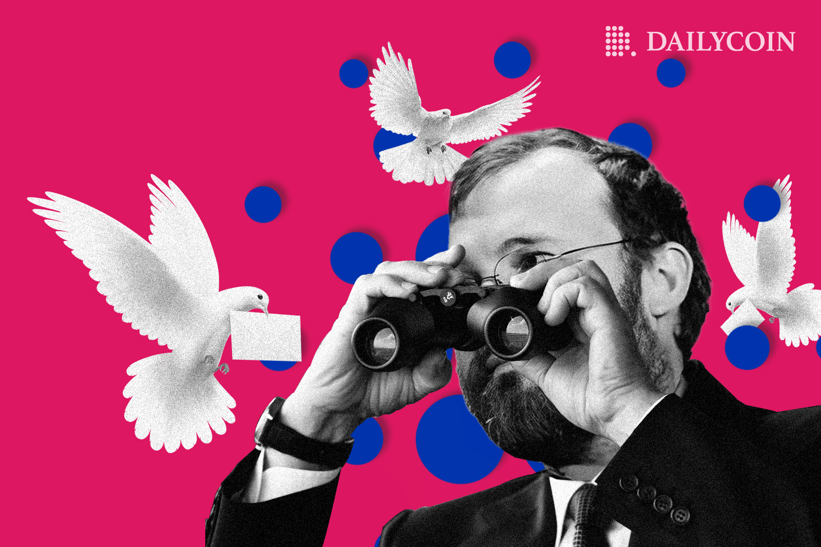 Charles Hoskinson looking through binoculars at white pigeons carrying a message