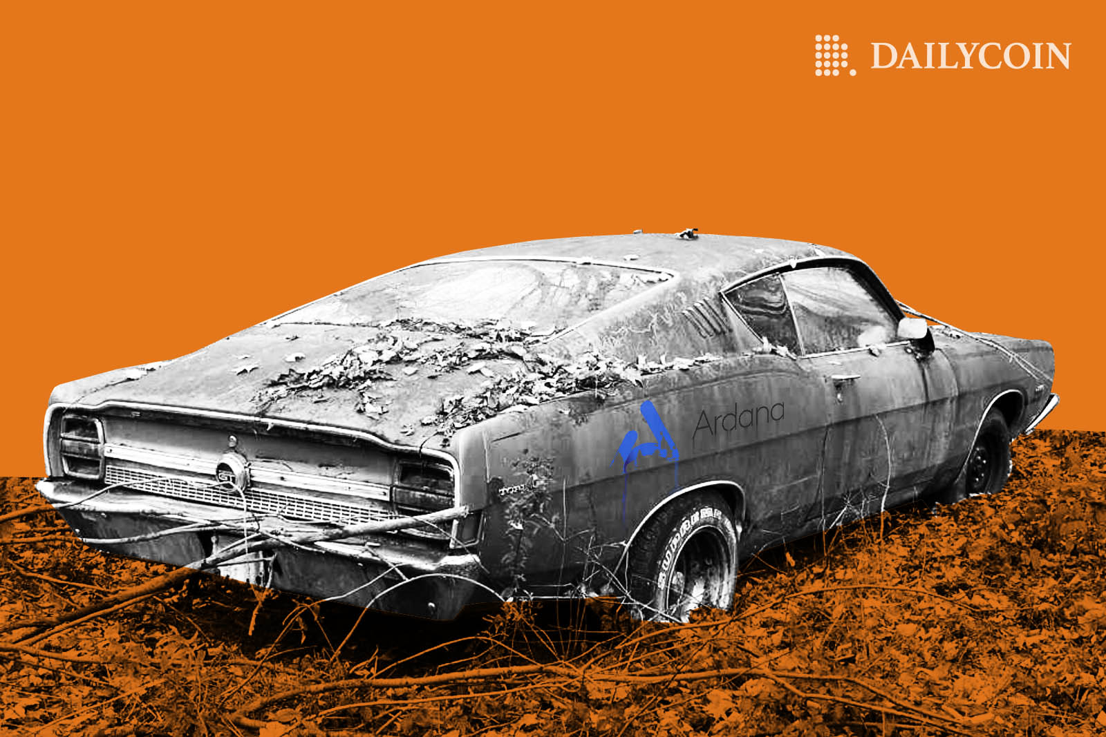 An old gray car with Ardana logo written on side stuck in mud