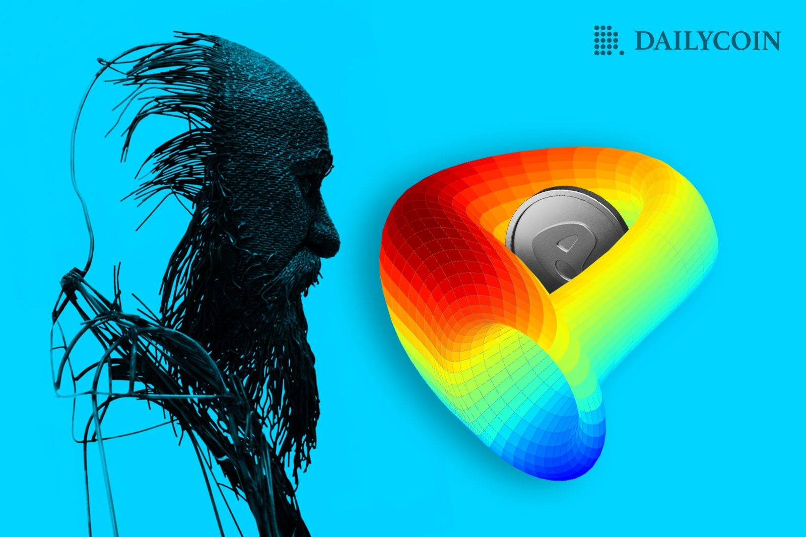 A robot with human face looking at a Curve logo with crypto coin inside