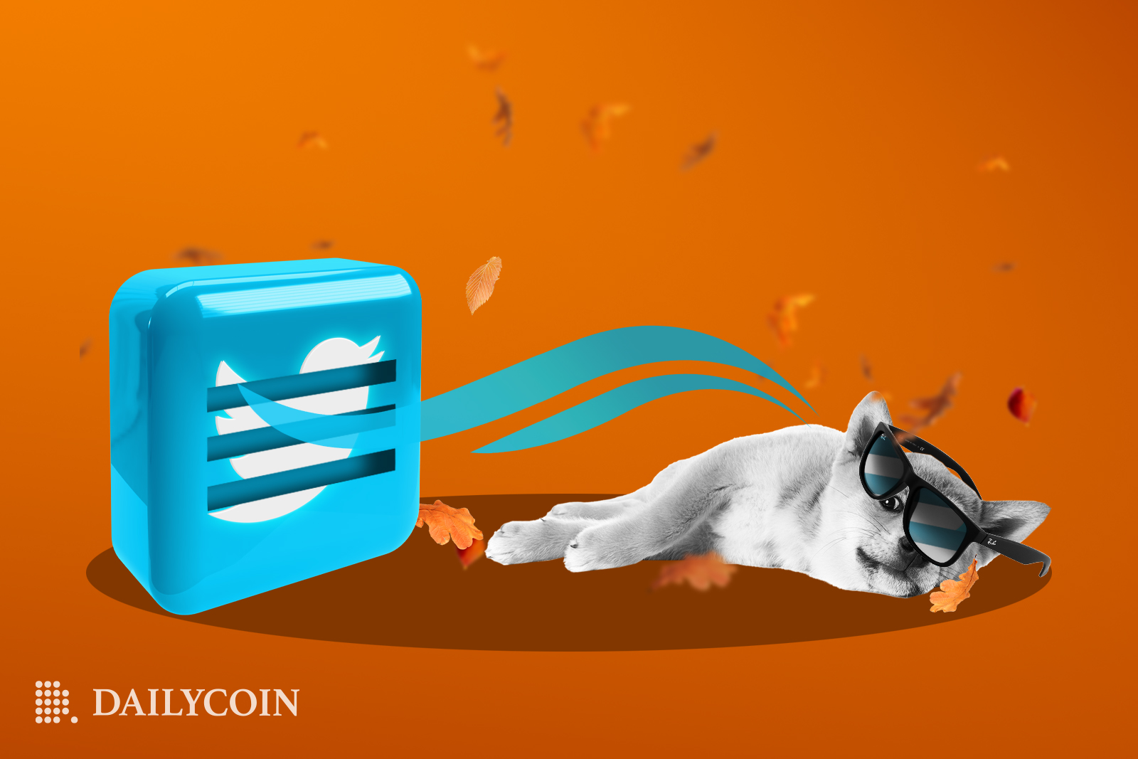 A dog with sunglasses laying down next to a blue cooler with Twitter logo on it