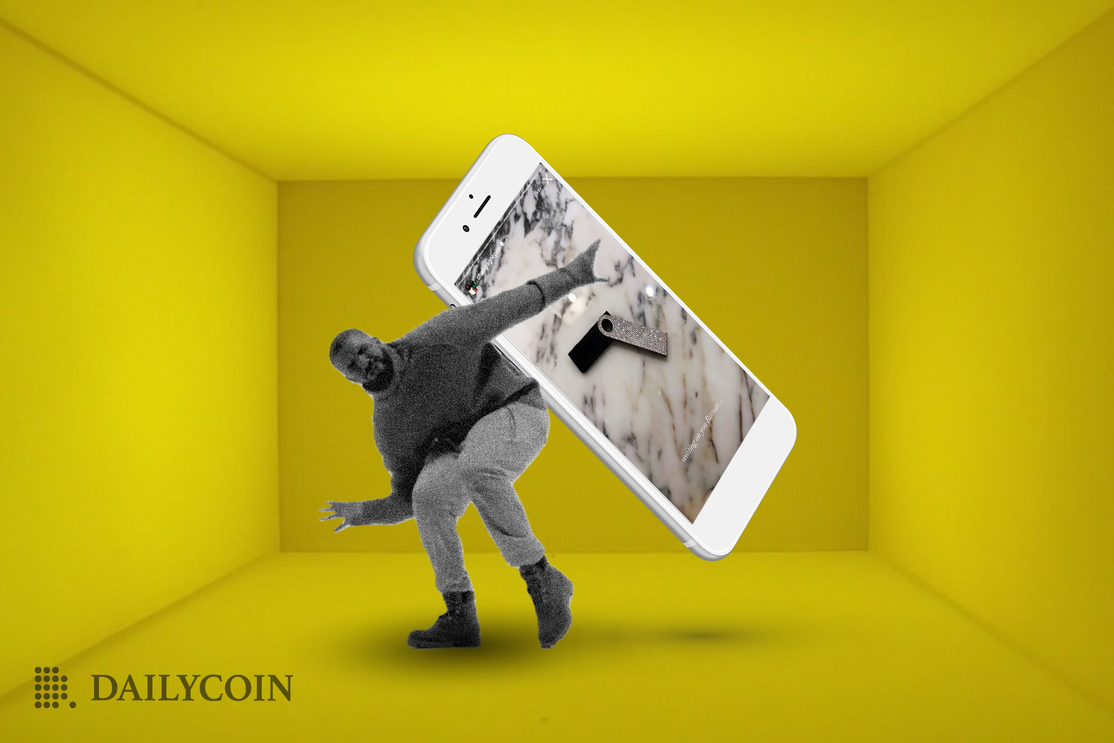 Drake dancing in a yellow room without windows doors with an Apple Iphone in hands