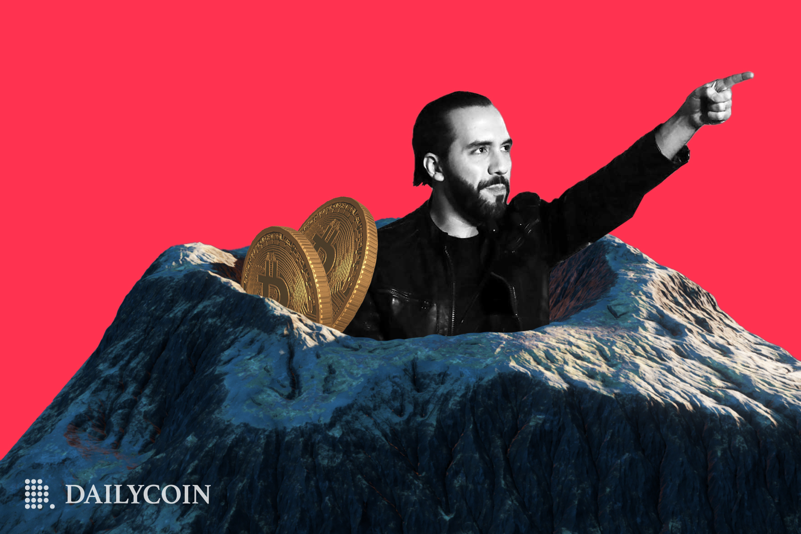 EL Salvador president Bukele inside volcano near BItcoin BTC coins pointing