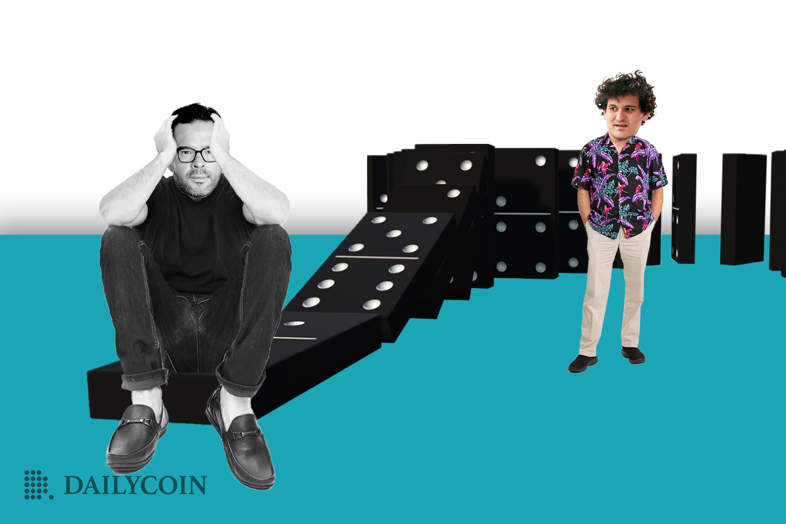 Sam Bankman-Fried and Travis Kling are distressed about falling dominos in the background which represent unclear FTX future