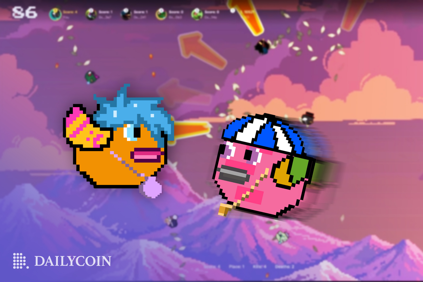 Two Fancy Birds game characters yellow and pink birds are in the game flying and wearing caps and pendants