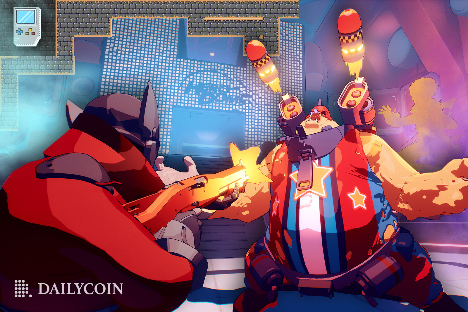 Two game characters wearing bright clothes are fighting in digital arena