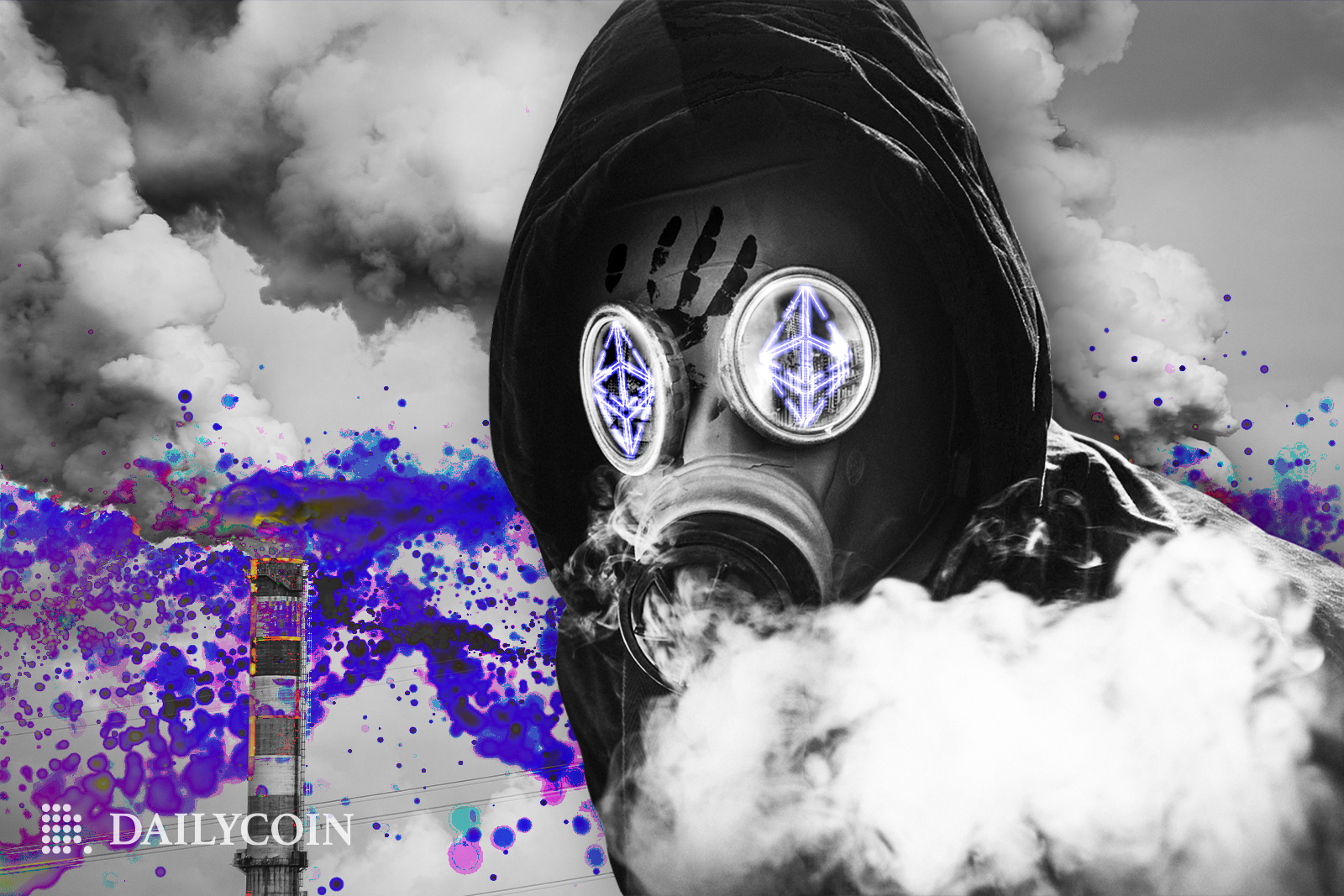 Human wearing gas mask with Ethereum logo on eyes next to smoke.