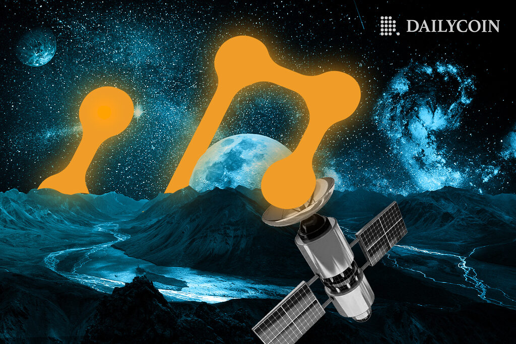 Satelite leaving behind yellow trail at outer space above a planet