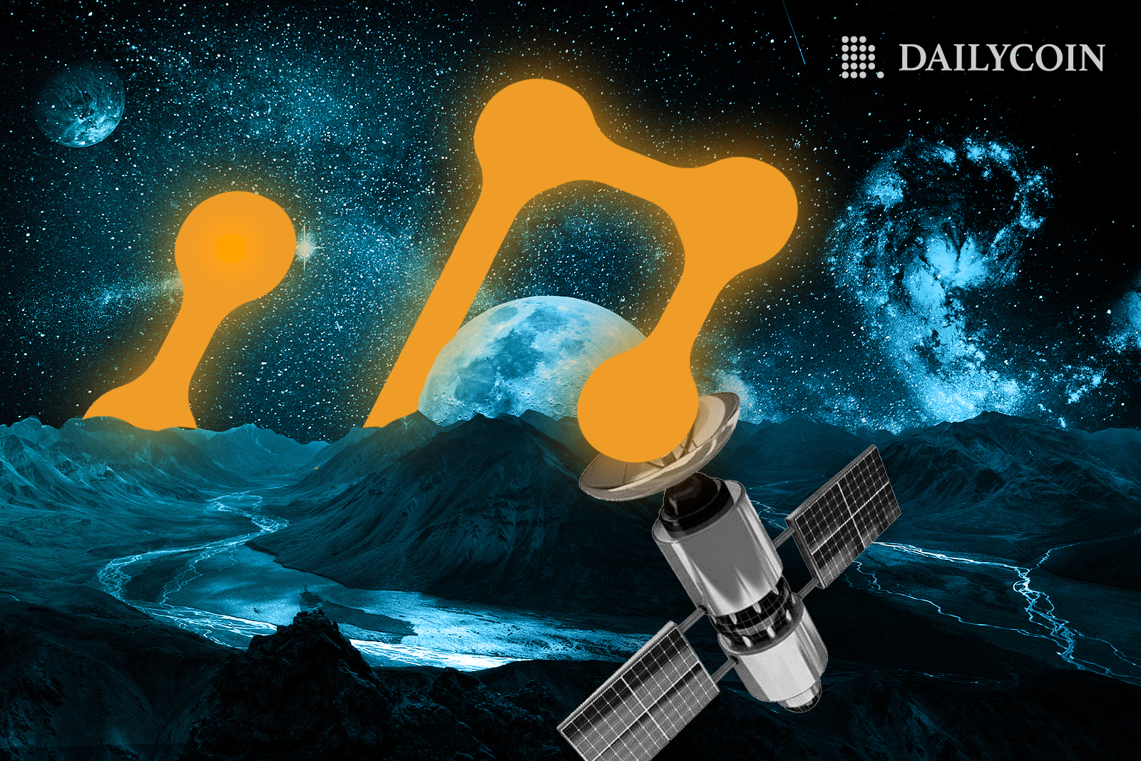 Satelite leaving behind yellow trail at outer space above a planet