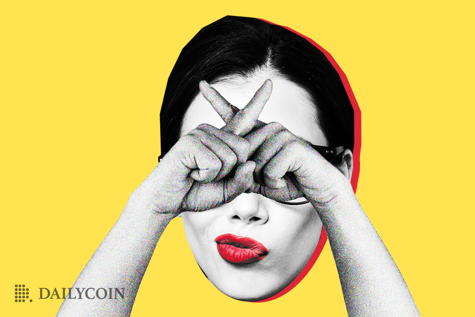 Woman with glasses crosing fingers in front of face