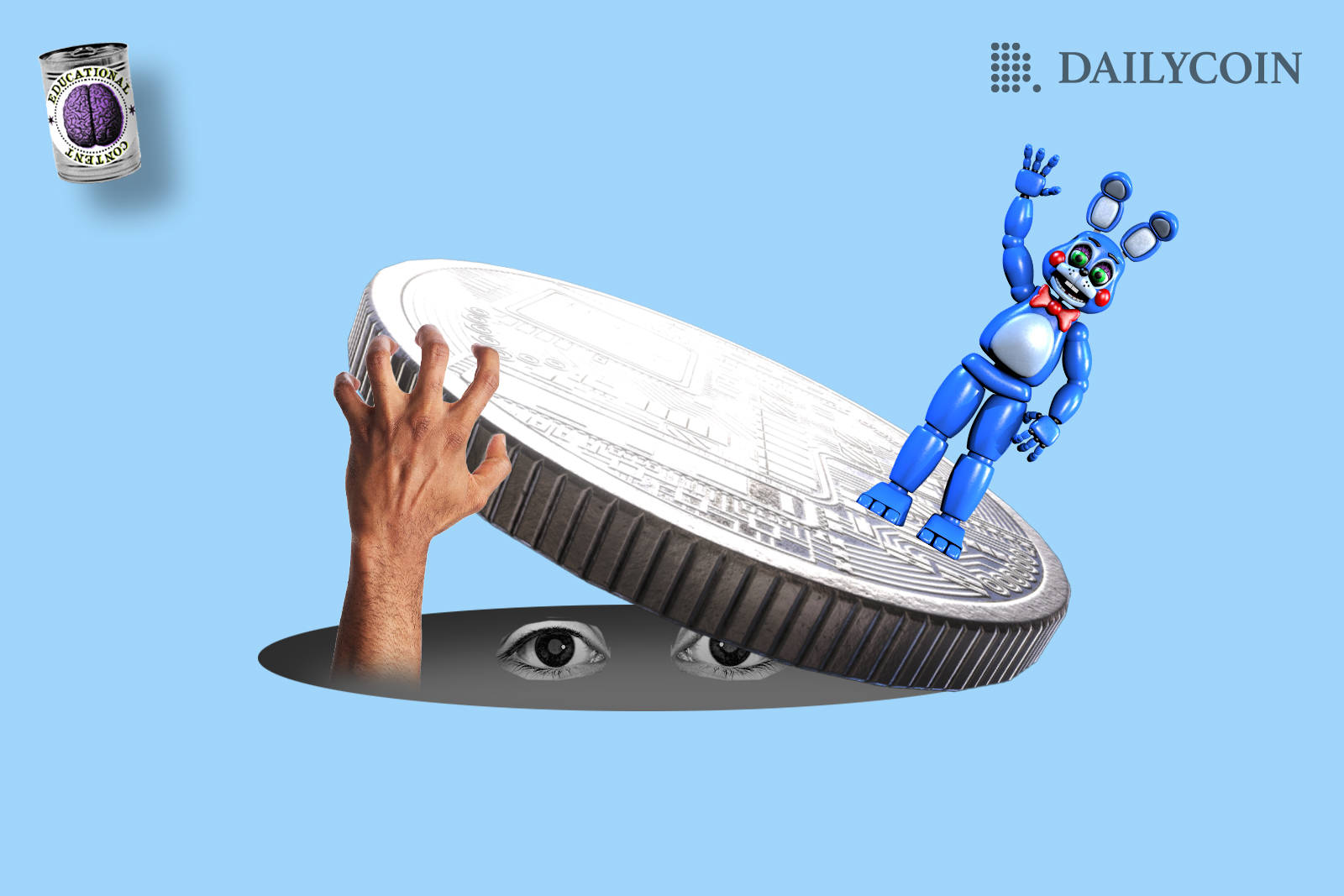 A hand is holding a crypto coin up while eyes are looking from bellow the coin