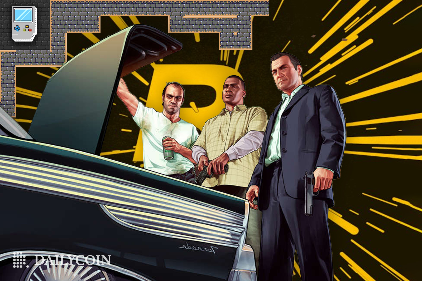 Trevor Franklin Michael Characters from GTA5 behind a black car