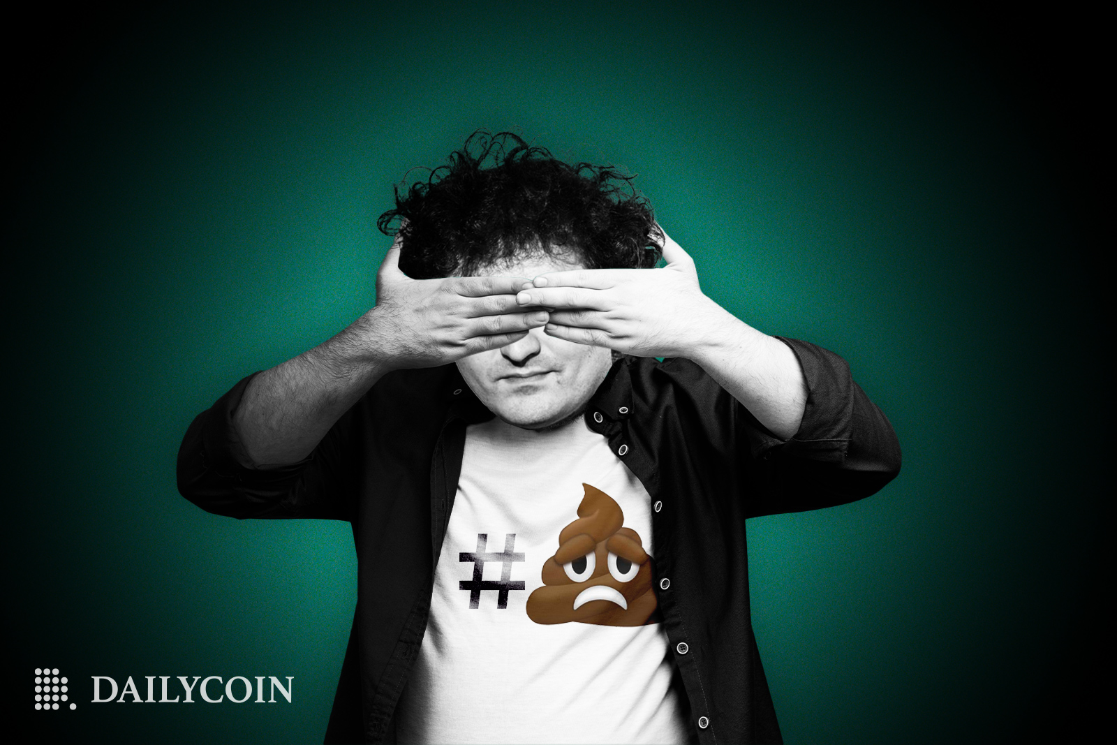 sam bankman fried is covering his eyes with hands while wearing a tshirt with a poop emojy