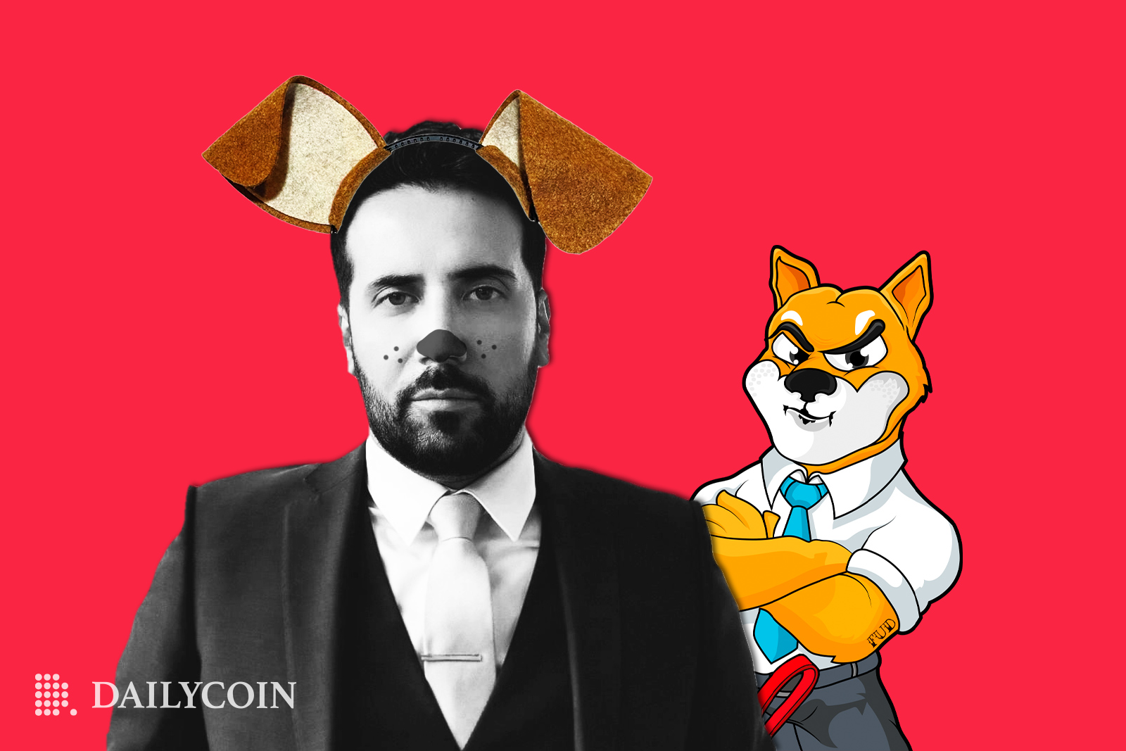 David Gokhshtein dressed as a dog is stending in front of a cartoon dog with clothes on