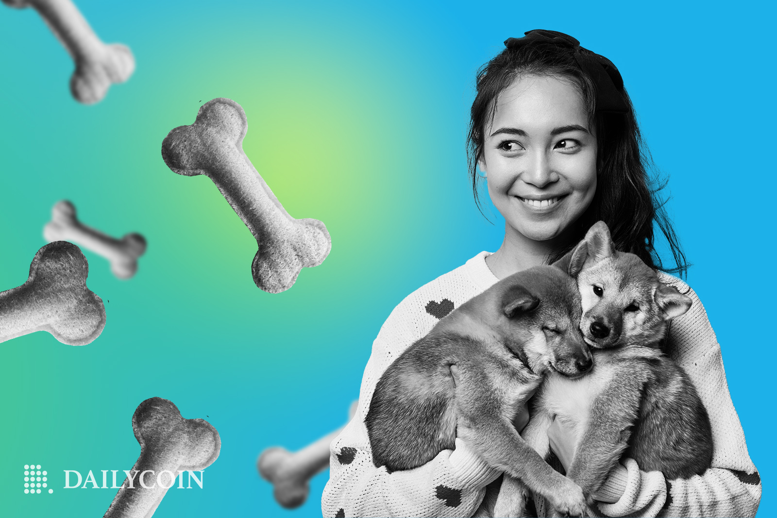 Woman holding two Shiba Inu puppies next to falling large bones.