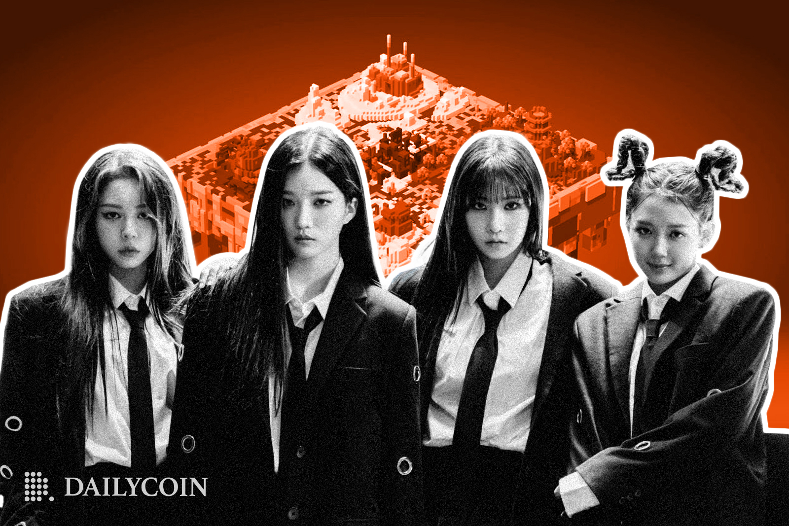 Members of K-pop music group tripleS in front of a metaverse garden