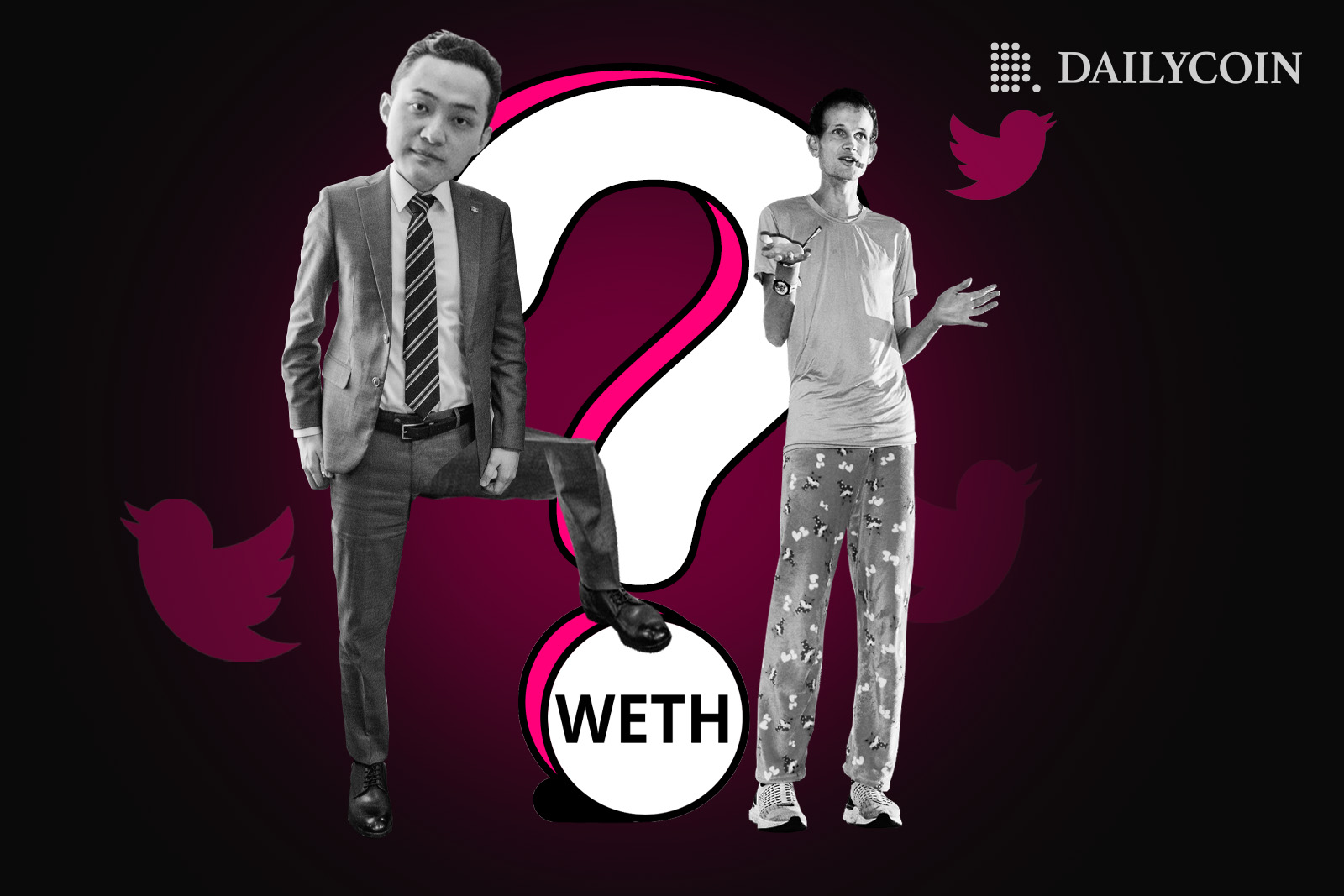 VItalik Buterin and Justin Sun next to huge white question mark