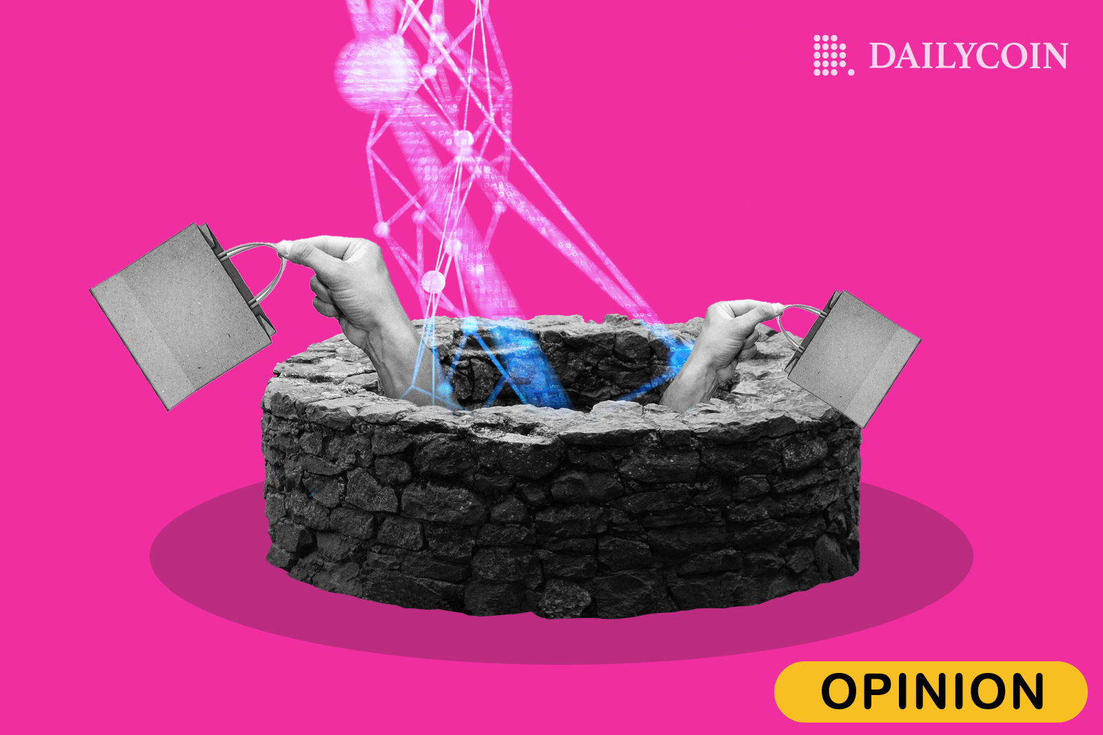 Two human hands in well are holding up a shopping bag while pink light is shinning on them