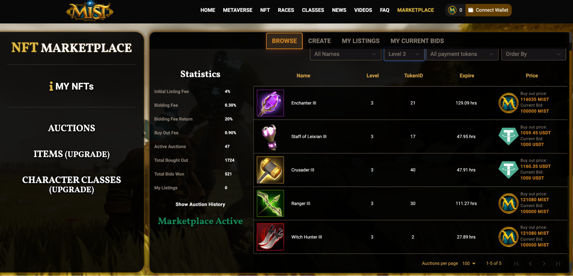 NFT Marketplace in Mist Pre-Alpha Phase 2 game NFT Marketplace in Mist Pre-Alpha Phase 2 game