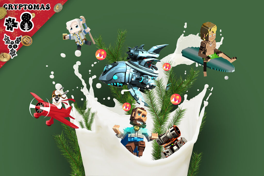 A Chrismassy banner denotes "Cryptomas #8" the central image depicts various images from the metaverses in the article
