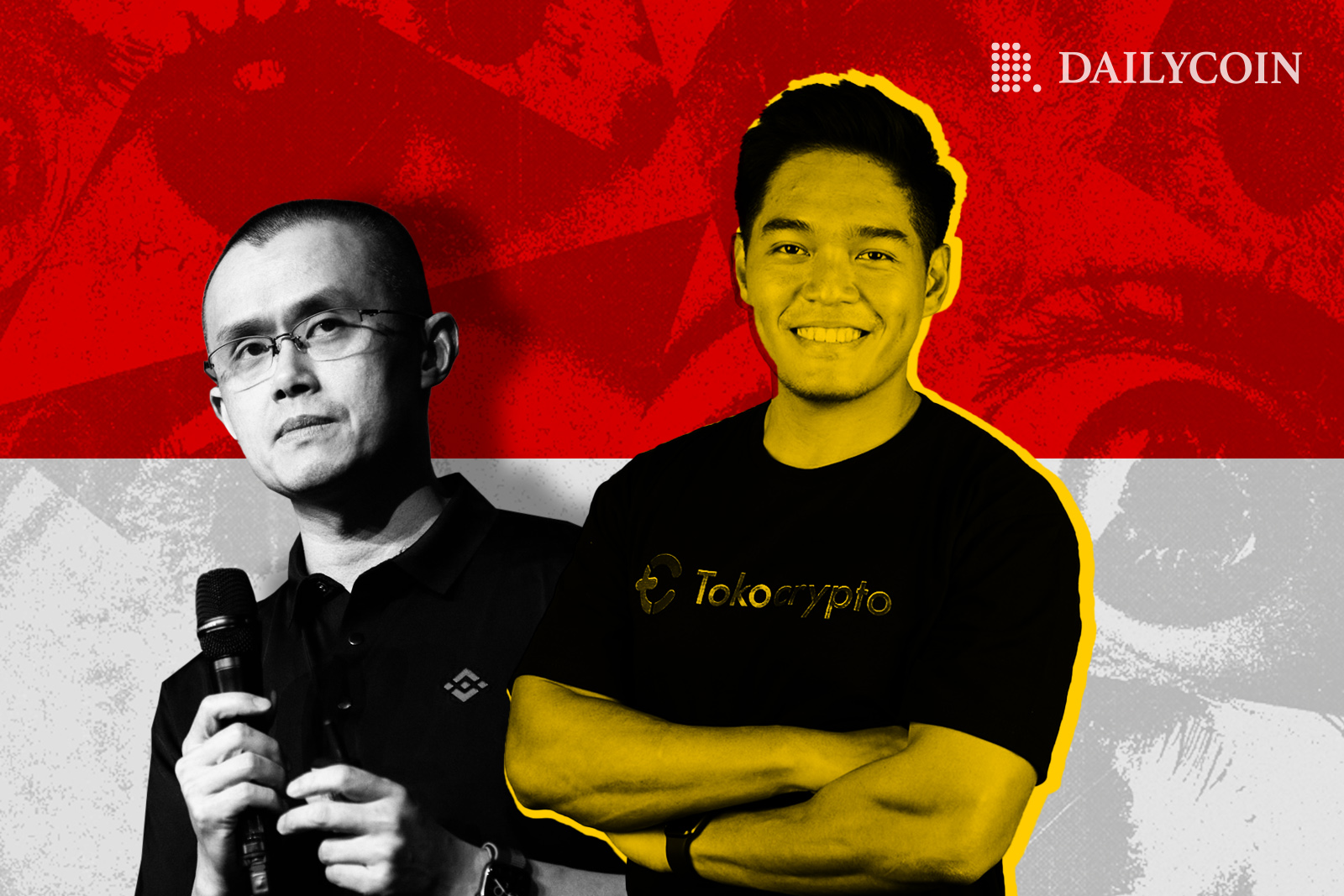 Changpeng Zhao holding a microphone and Tokocrypto CEO in front of Indonesia flag
