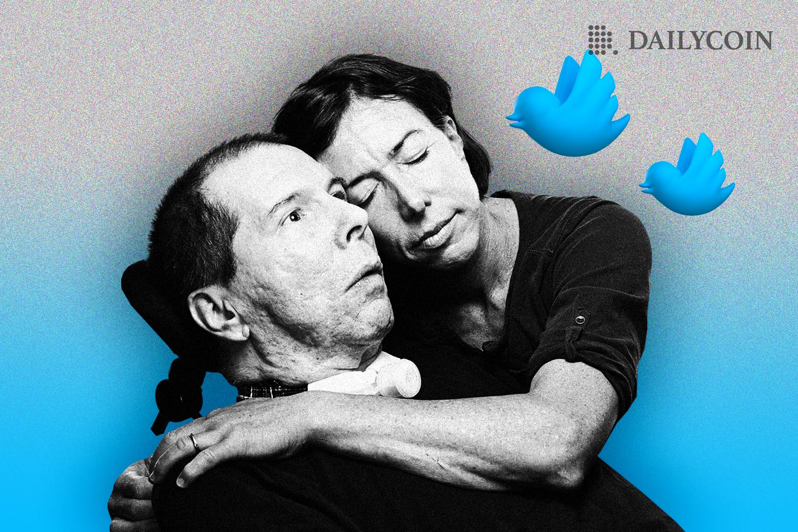 Hal Finney's hugging next to flying blue Twitter bird logo