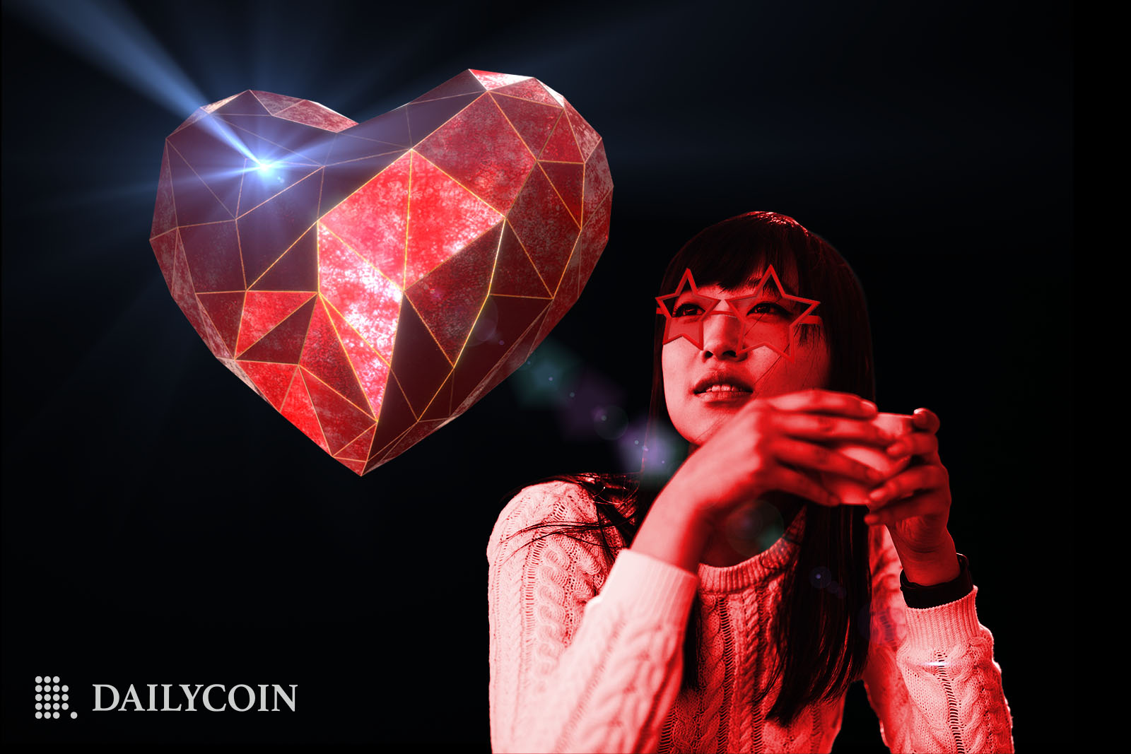 A Chinese woman wearing star shaped glasses looks at a shining rendered heart