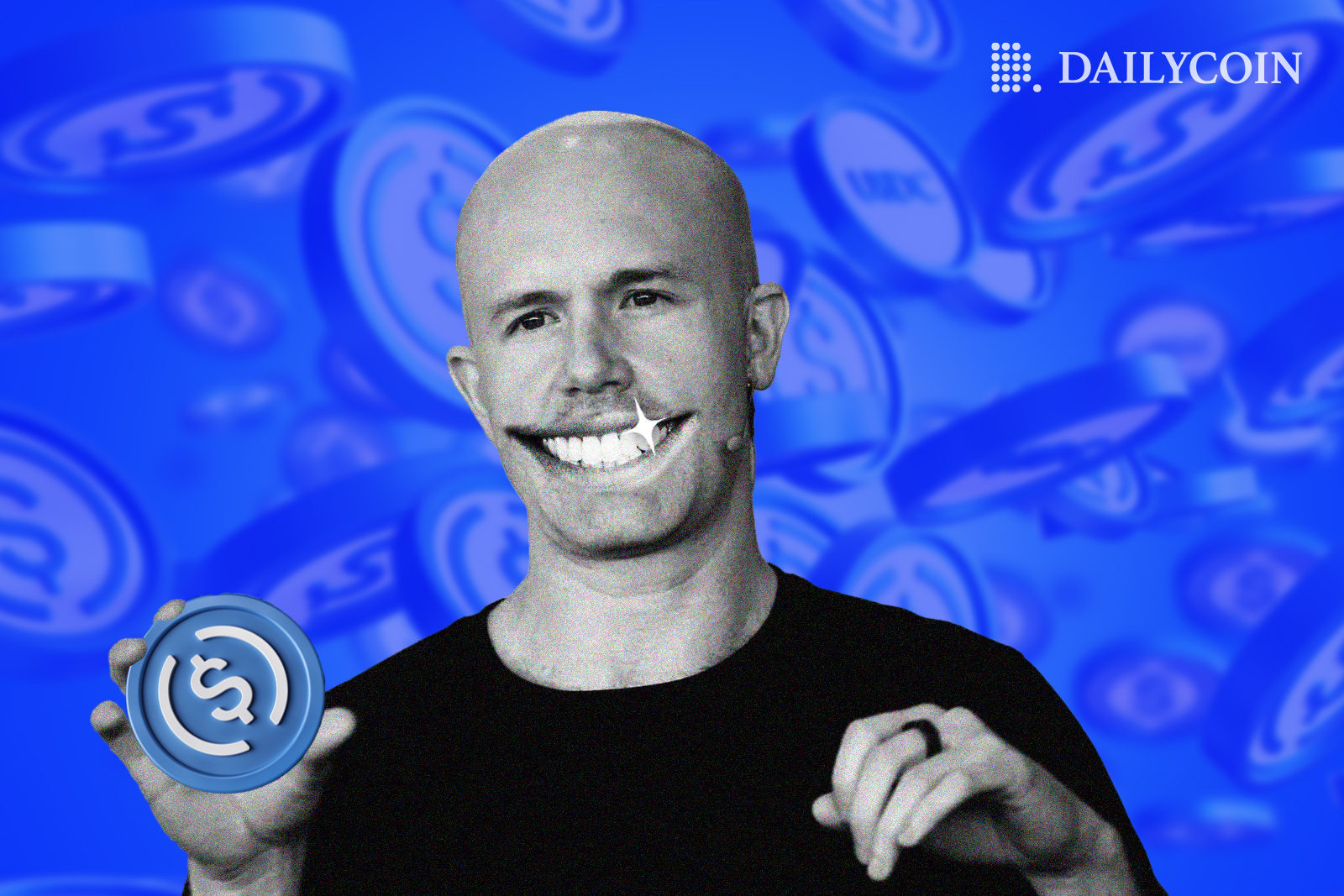Coinbase CEO Brian Armstrong holding a USD Coin (USDC) with an exaggerated smile on his face