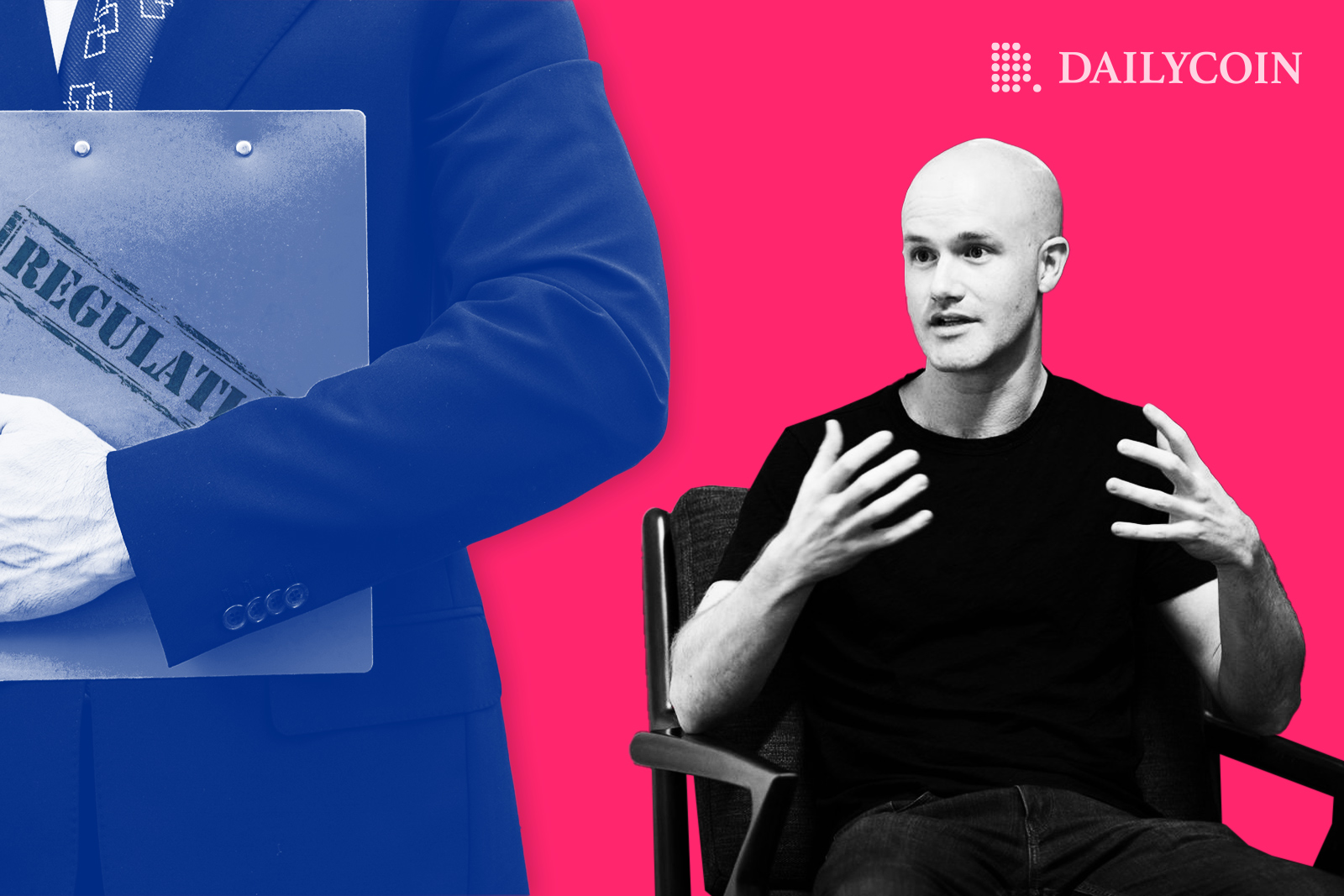 Coinbase CEO Brian Armstrong speaking to a man holding a regulations file