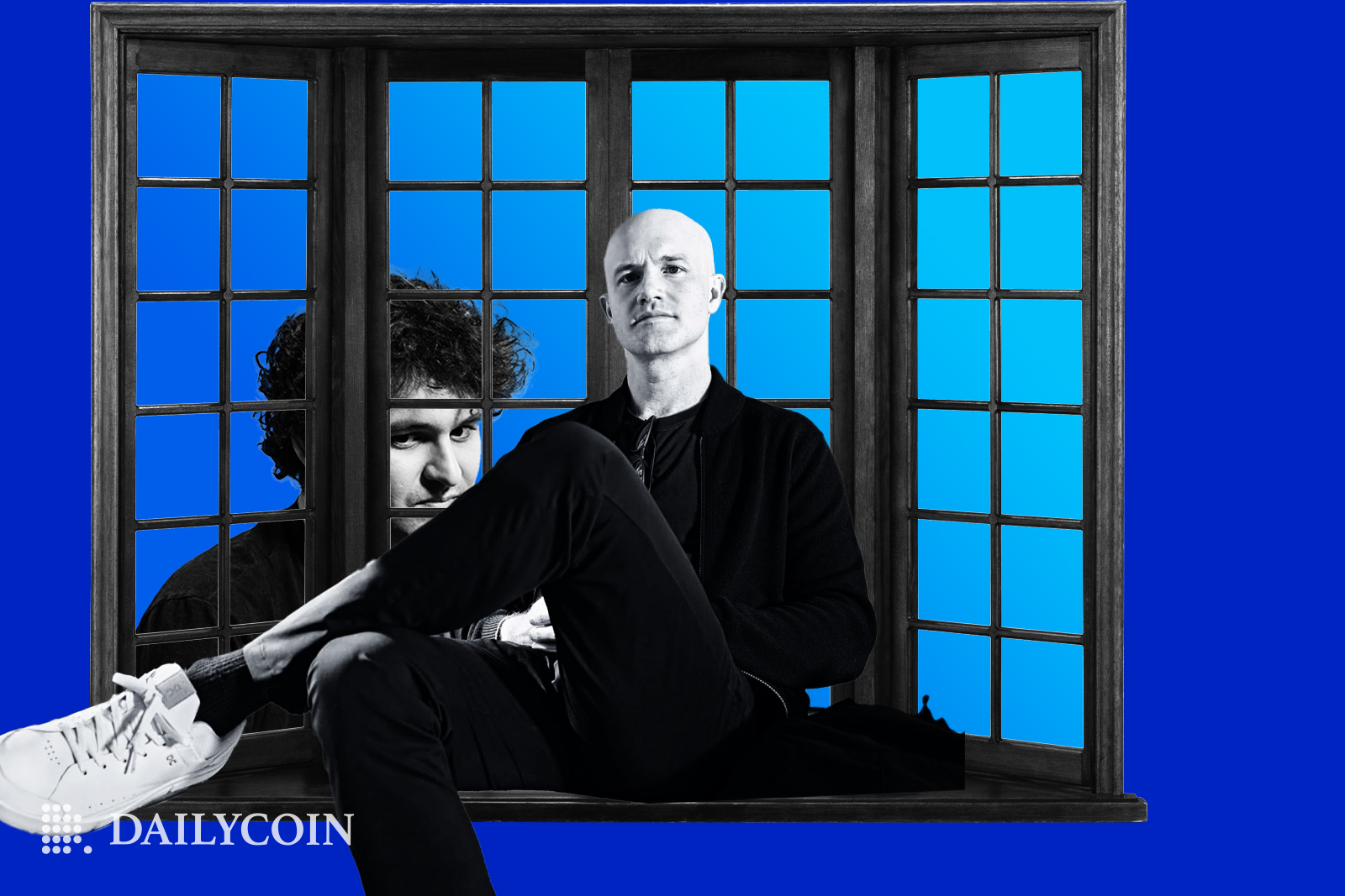 Brian Armstrong sitting on window frame Sam Bankman Fried outside