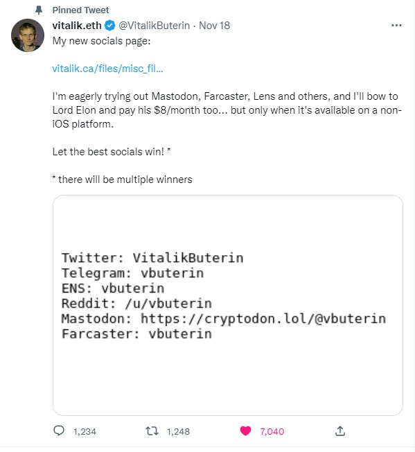 Vitalik Buterin Mastodon Twitter Screenshot of a tweet from Vitalik Buterin about social media platform Mastodon