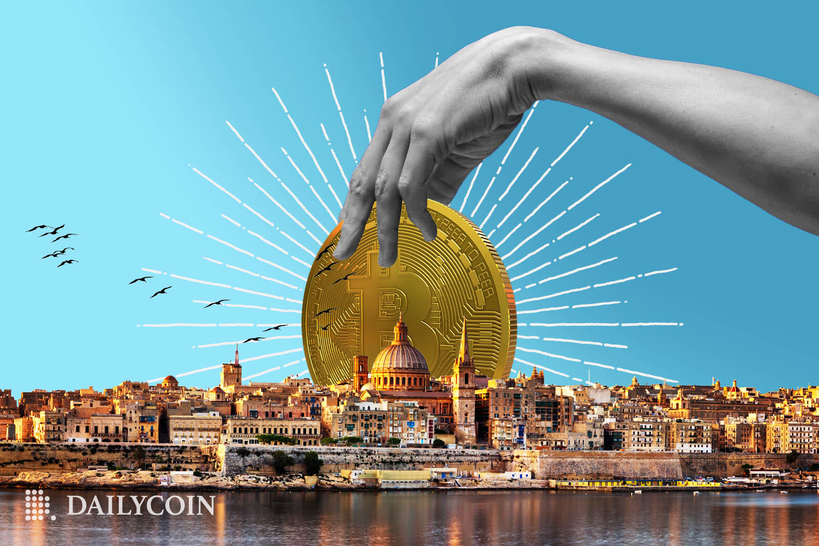 Giant human hand is holding a giant Bitcoin BTC coin over a city