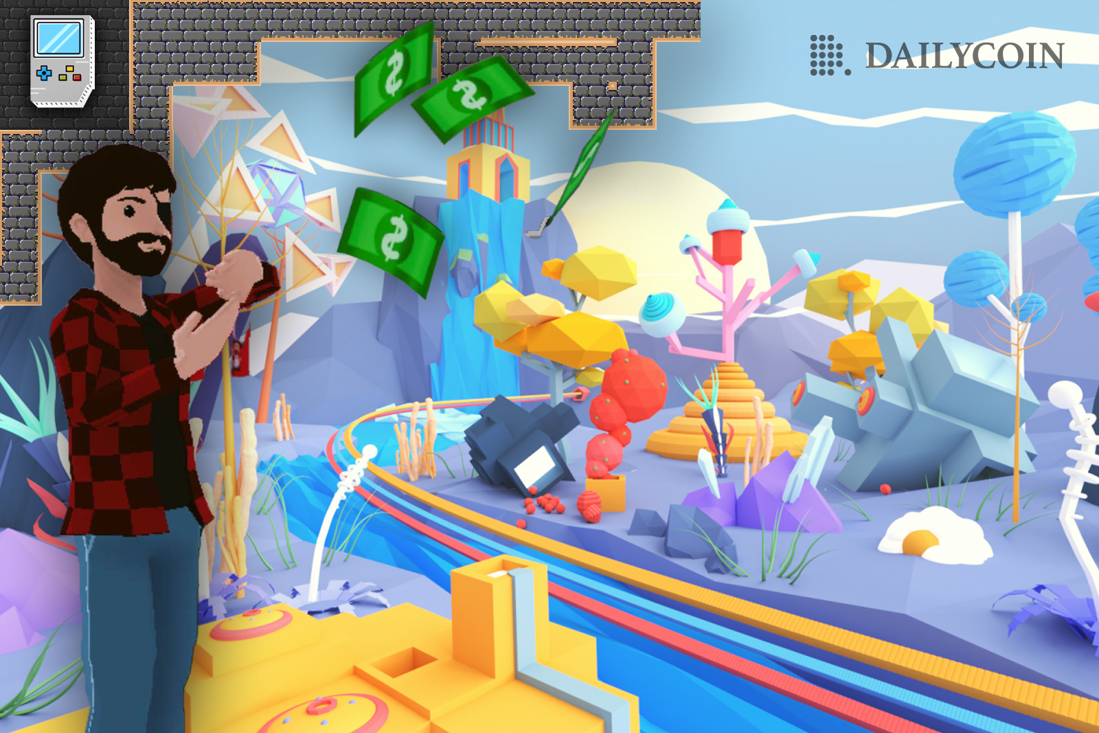 Virtual human with checkered T-shirt throwing money in front of Decentraland