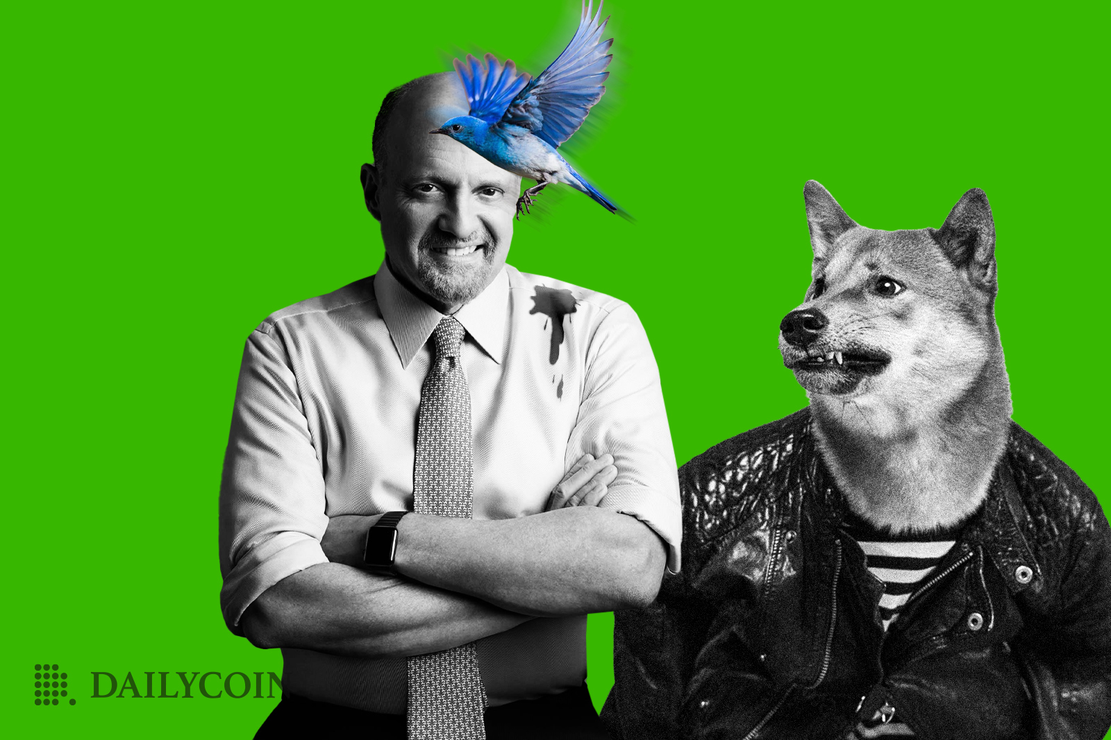 Jim Cramer next to Shiba Inu wearing jacket looking at blue bird