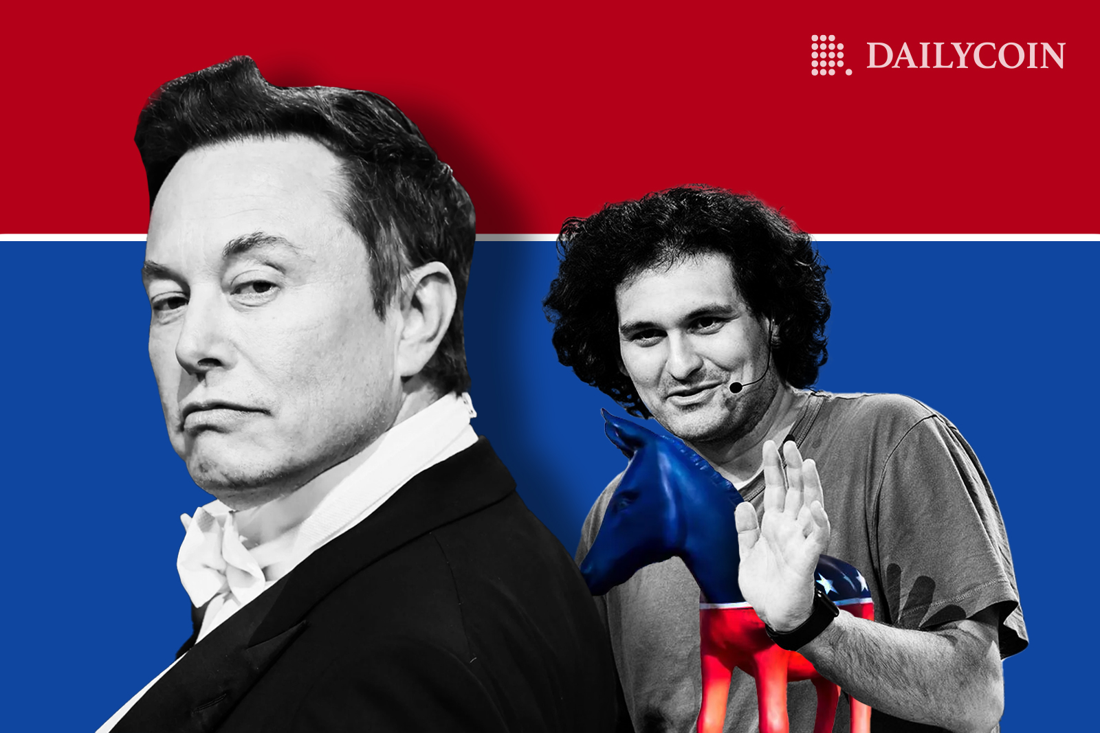 Elon Musk next to waving Sam Bankman Fried holding tiny blue and red horse