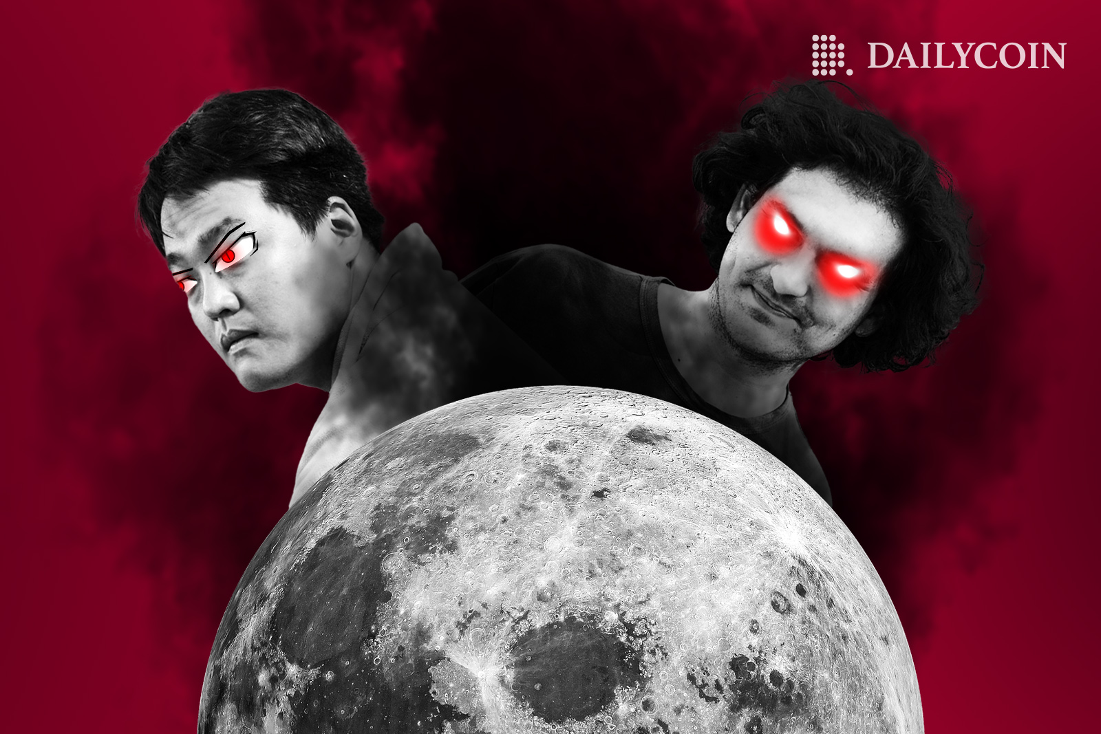 Sam Bankman Fried and Do Kwon looking over the moon with red glaring eyes