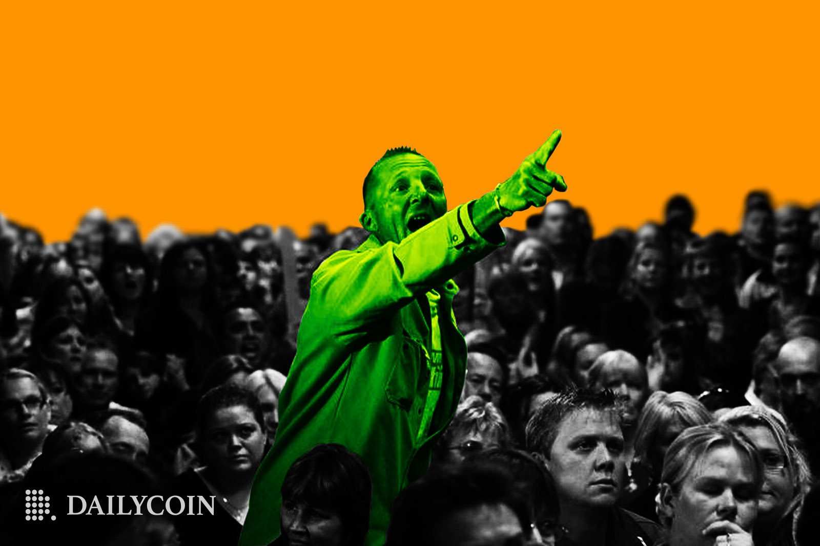 A human wearing green body pain t and green clothes pointing above the angry crowd