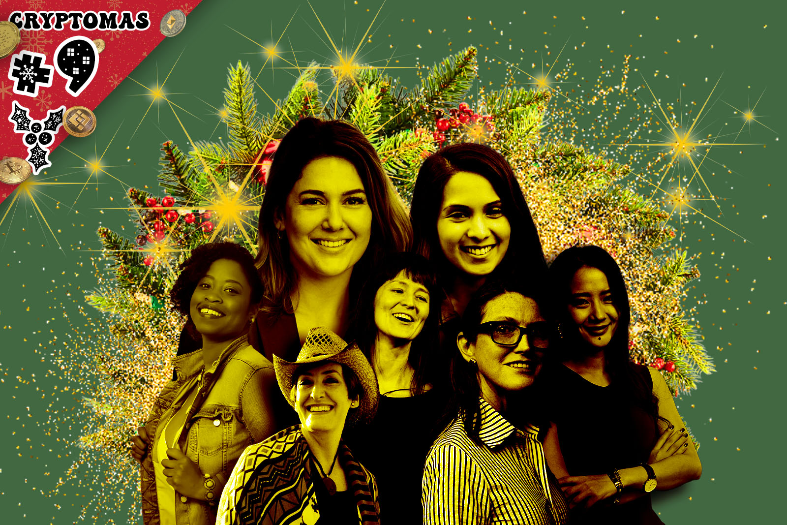 Women in crypto in front of a huge Christmas wreath